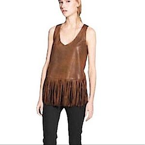 Mango Sueded Fringe Tank Top Sleveless V-Neck Vegan Brown Distressed Hippie Boho